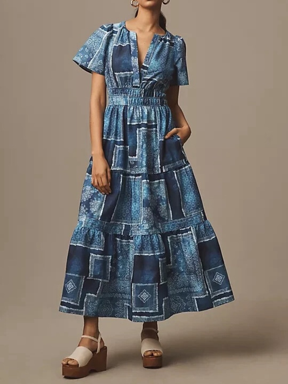 Anthropologie The Somerset Maxi Blue Patchwork Bandana Maxi Dress